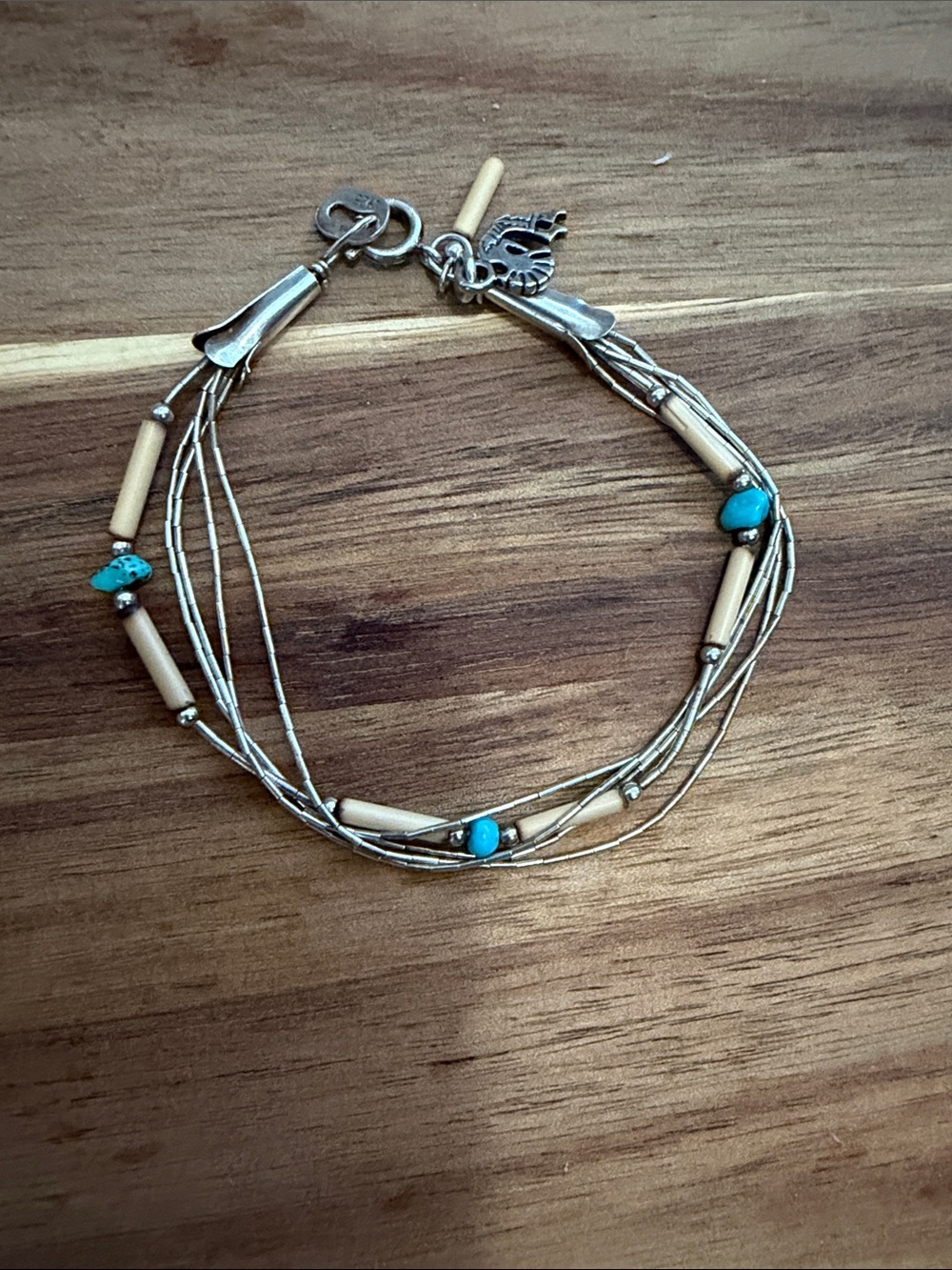 Multi-Strand Sterling Silver Bracelet with Turquoise and Cream Beads